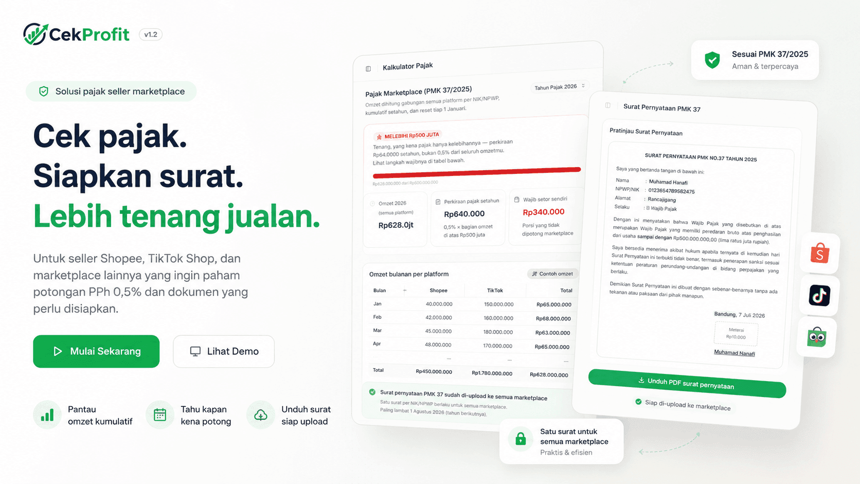 Generator Surat Pernyataan PMK 37 CekProfit menampilkan form dan pratinjau surat siap unduh
